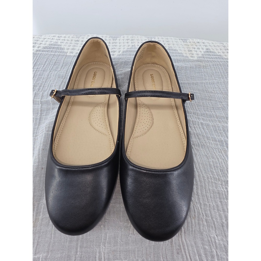 Lands End Black Mary Jane Flats Adjustable Strap Shoes 553141 Youth 5 Womens 7